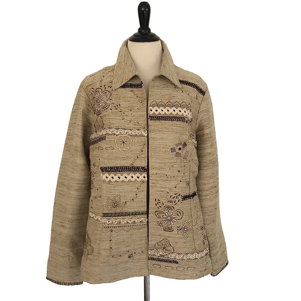 COLDWATER CREEK M Embroidered Linen JACKET Western Artsy Old Money Statement
